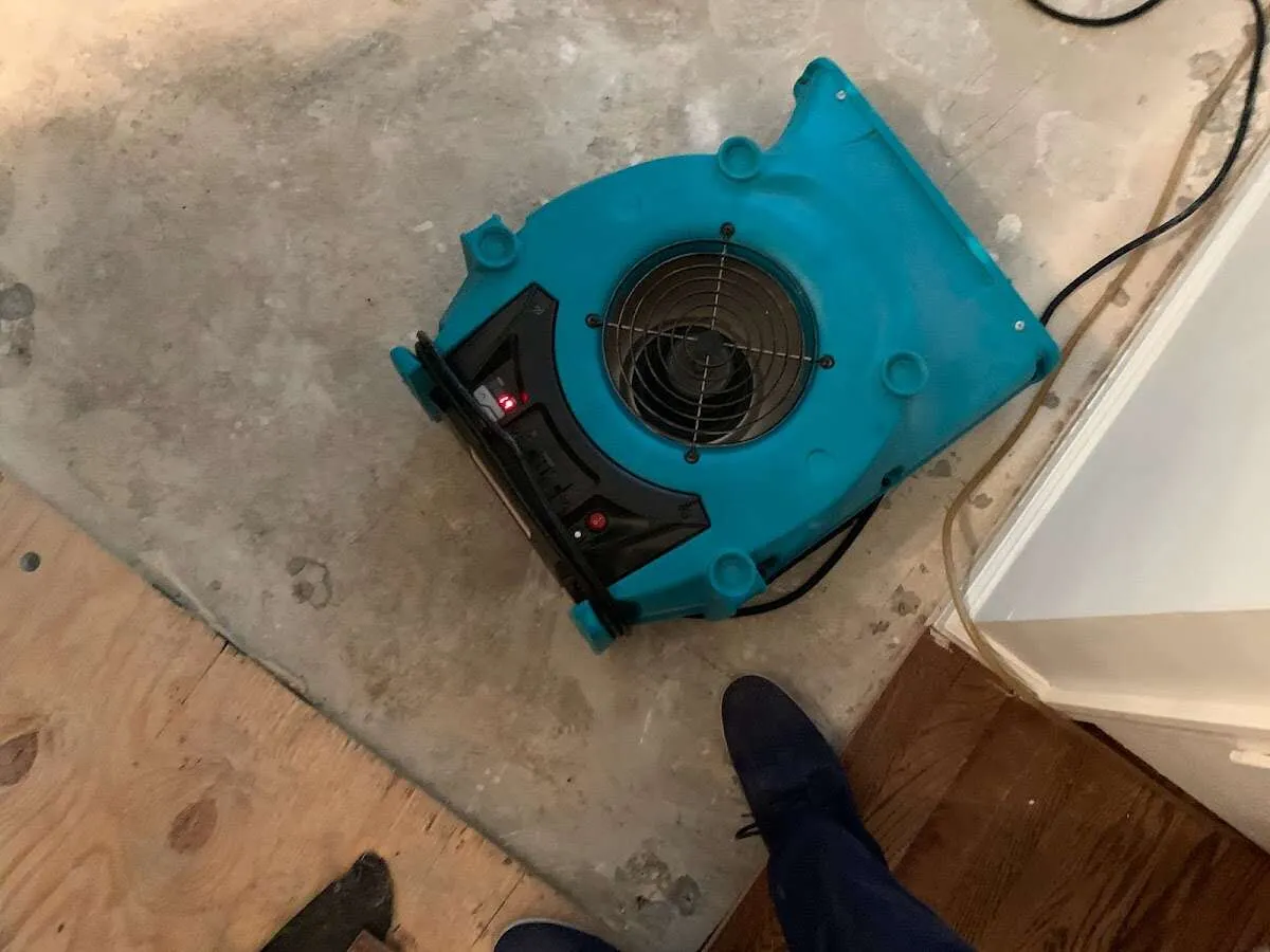 Air mover drying subfloor during Commercial Water Damage Restoration in Bee Ridge